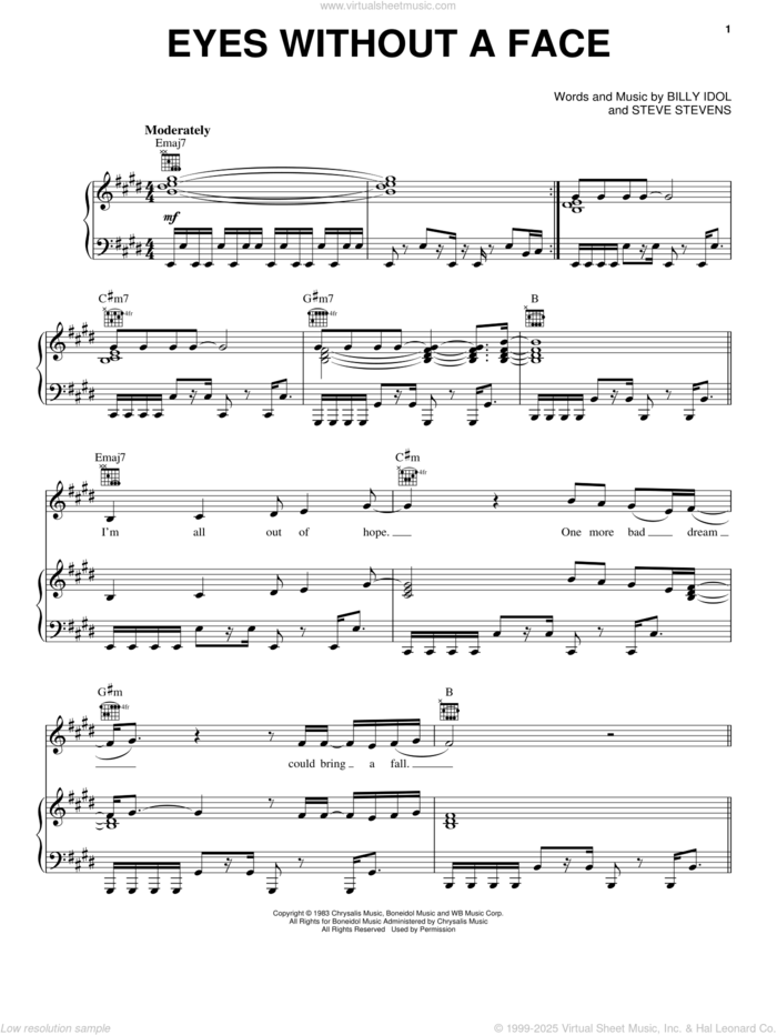 Eyes Without A Face sheet music for voice, piano or guitar by Billy Idol and Steve Stevens, intermediate skill level