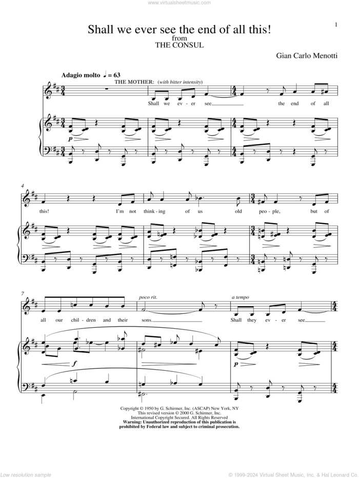 Shall We Ever See The End Of All This! sheet music for voice and piano by Gian Carlo Menotti, classical score, intermediate skill level