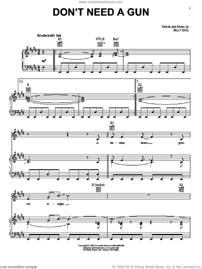 Don't Need A Gun sheet music for voice, piano or guitar by Billy Idol, intermediate skill level