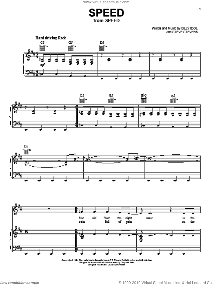 Speed sheet music for voice, piano or guitar by Billy Idol and Steve Stevens, intermediate skill level