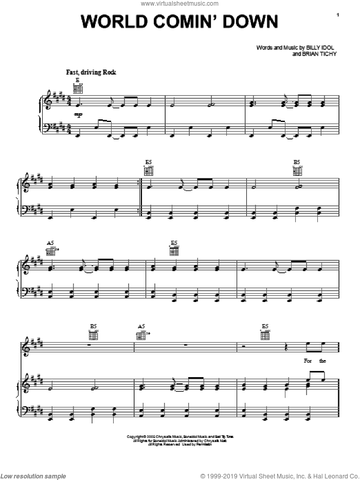 World Comin' Down sheet music for voice, piano or guitar by Billy Idol and Brian Tichy, intermediate skill level