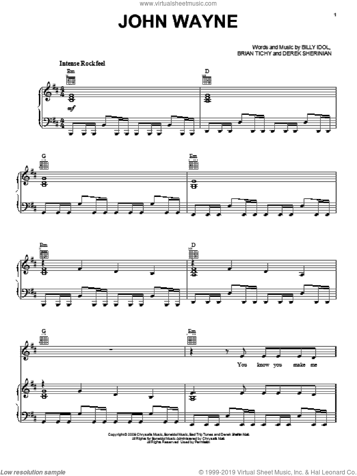 John Wayne sheet music for voice, piano or guitar by Billy Idol, Brian Tichy and Derek Sherinian, intermediate skill level