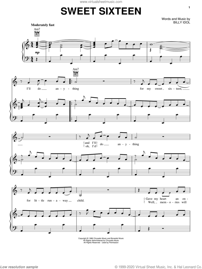 Sweet Sixteen sheet music for voice, piano or guitar by Billy Idol, intermediate skill level