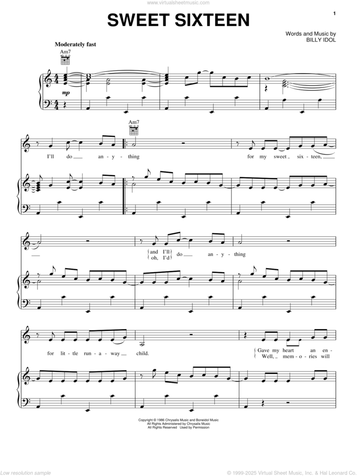 Sweet Sixteen sheet music for voice, piano or guitar by Billy Idol, intermediate skill level