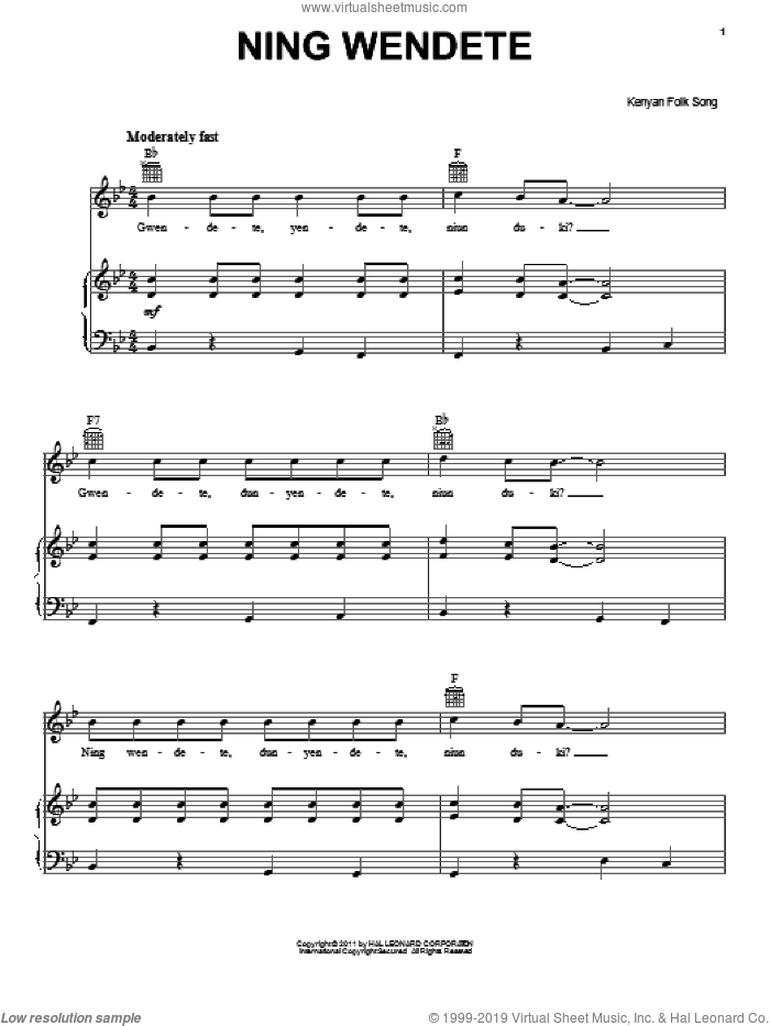 Ning Wendete sheet music for voice, piano or guitar by Kenyan Folk Song, intermediate skill level
