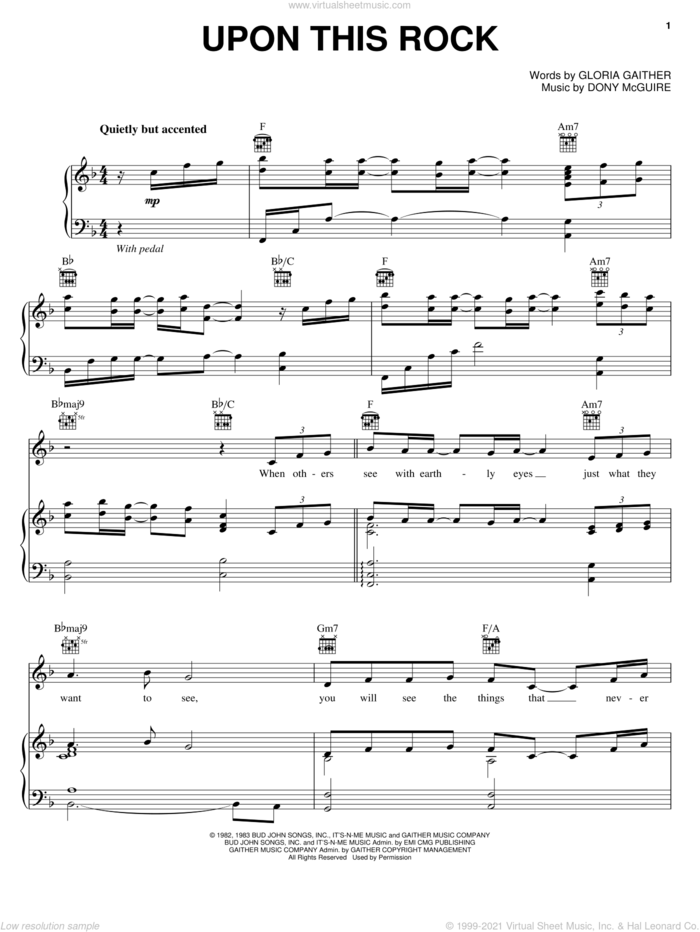 Upon This Rock sheet music for voice, piano or guitar by Bill & Gloria Gaither, Dony McGuire and Gloria Gaither, intermediate skill level