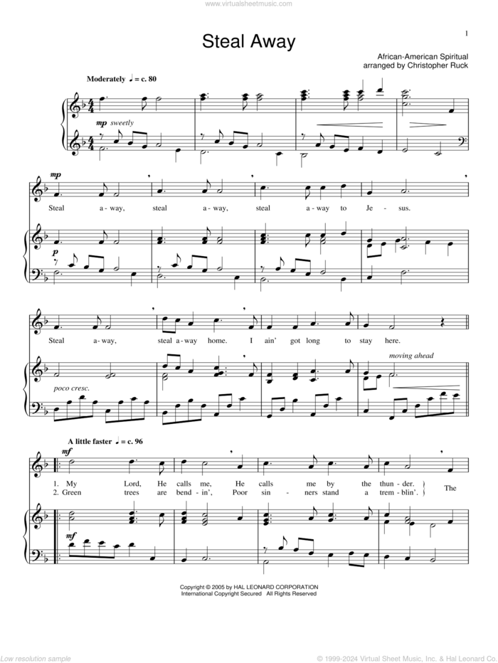 Steal Away sheet music for voice and piano, intermediate skill level