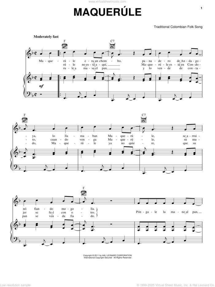 Maquerule sheet music for voice, piano or guitar by Traditional Columbian Folksong, intermediate skill level