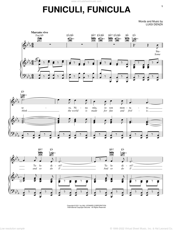Funiculi Funicula sheet music for voice, piano or guitar by Luigi Denza, intermediate skill level