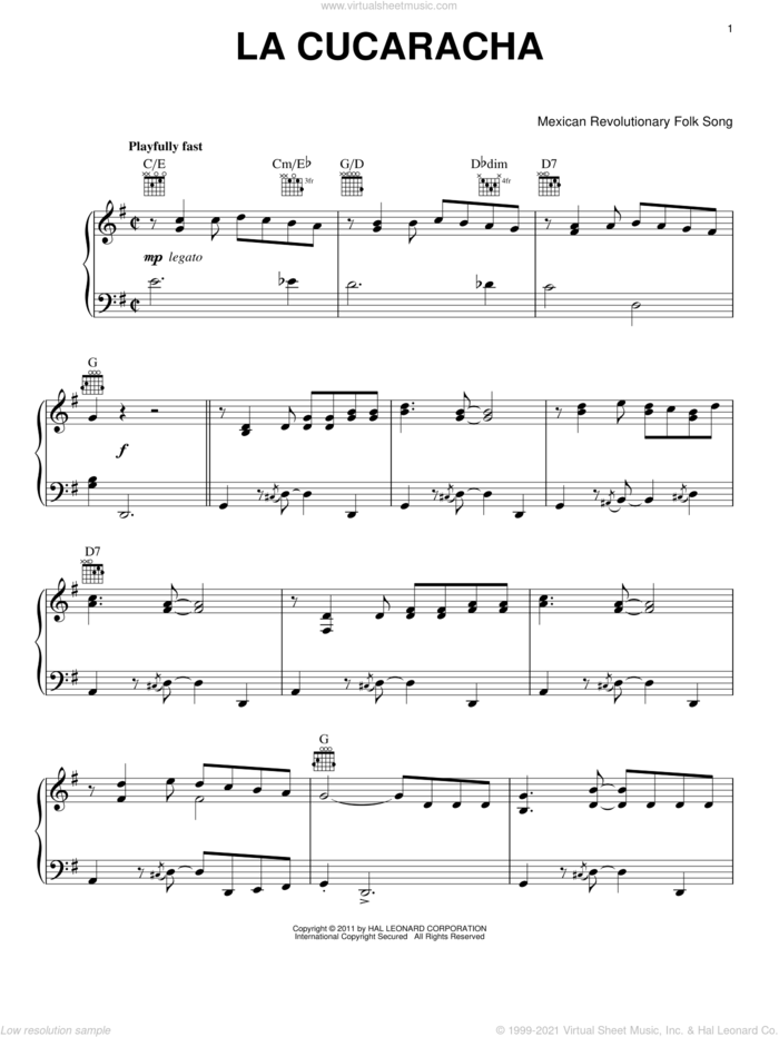 La Cucaracha, (intermediate) sheet music for piano solo, intermediate skill level
