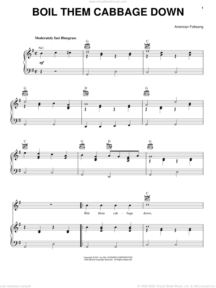 Boil Them Cabbage Down sheet music for voice, piano or guitar by American Folksong, intermediate skill level