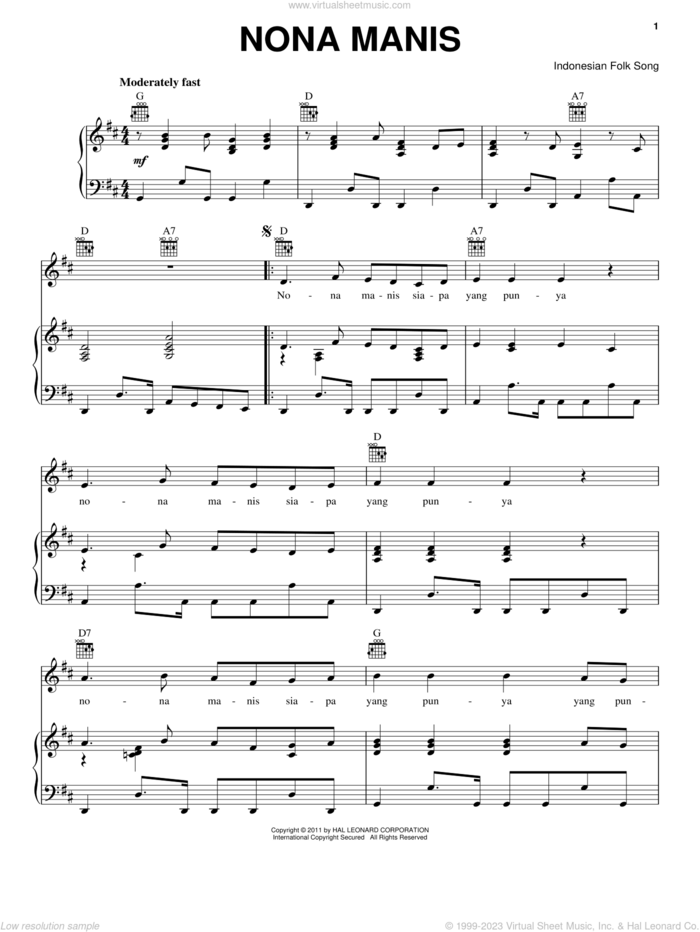 Nona Manis sheet music for voice, piano or guitar by Indonesian Folk Song, intermediate skill level
