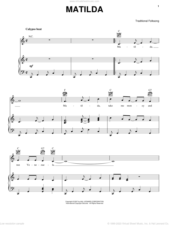 Matilda sheet music for voice, piano or guitar by Traditional Folk Song, intermediate skill level