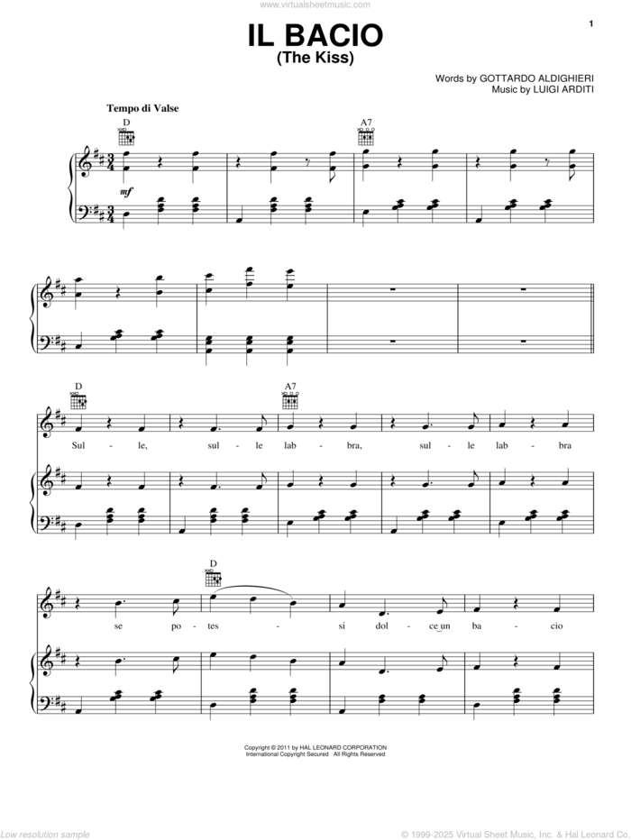 Il Bacio (The Kiss) sheet music for voice, piano or guitar by Luigi Arditi, classical score, intermediate skill level