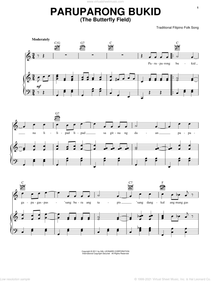 Paruparong Bukid (The Butterfly Field) sheet music for voice, piano or guitar by Traditional Filipino Folk Song, intermediate skill level