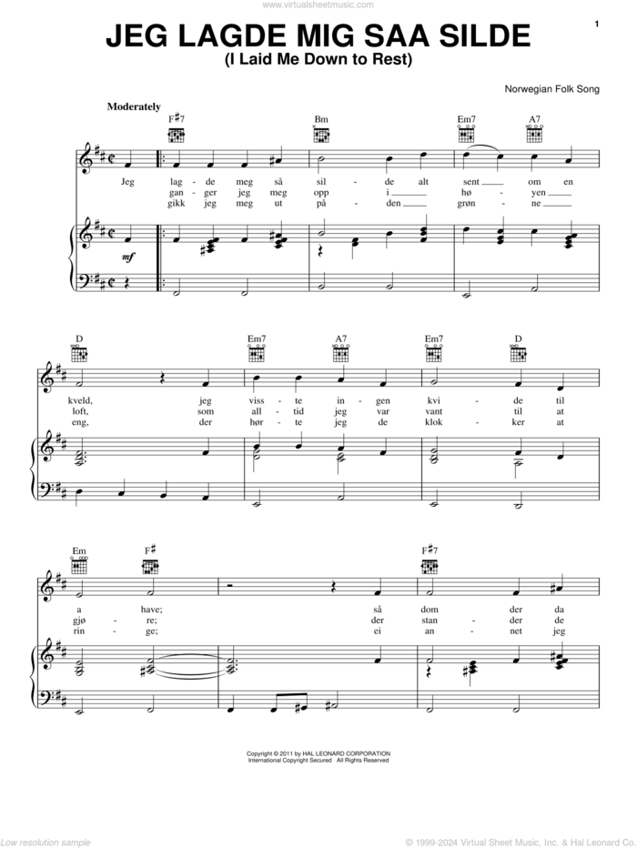 Jeg Lagde Mig Saa Silde (I Laid Me Down To Rest) sheet music for voice, piano or guitar by Norwegian Folksong, intermediate skill level