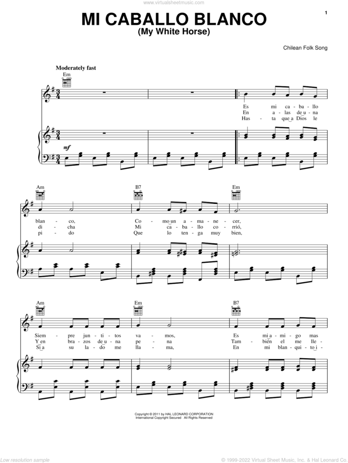 Mi Caballo Blanco (My White Horse) sheet music for voice, piano or guitar, intermediate skill level