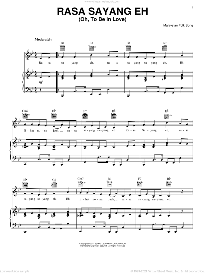Rasa Sayang Eh (Oh, To Be In Love) sheet music for voice, piano or guitar by Malaysian Folksong, intermediate skill level