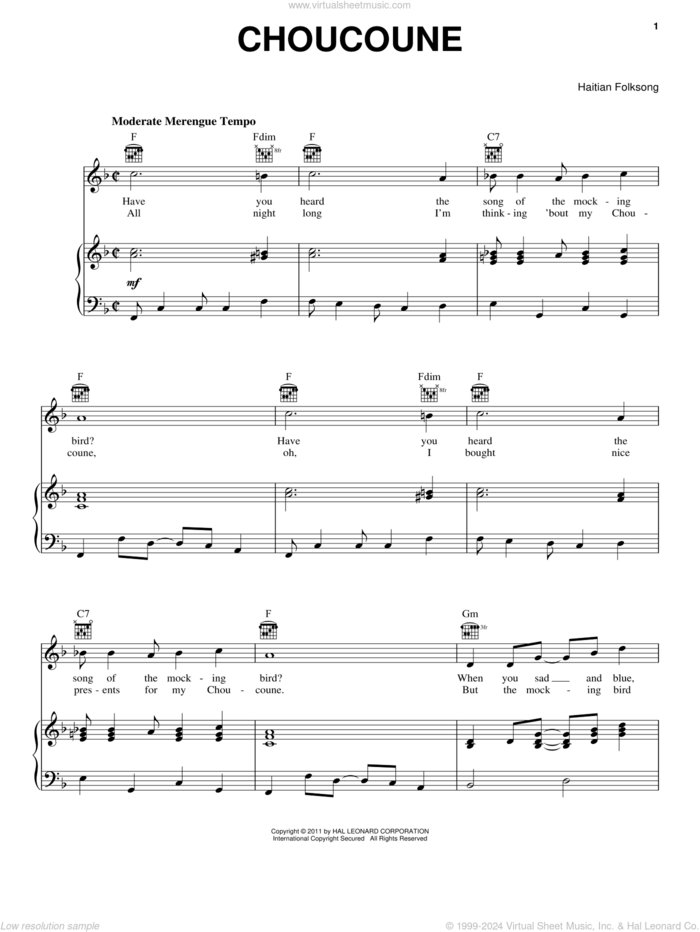 Choucoune sheet music for voice, piano or guitar by Haitian Folksong, intermediate skill level