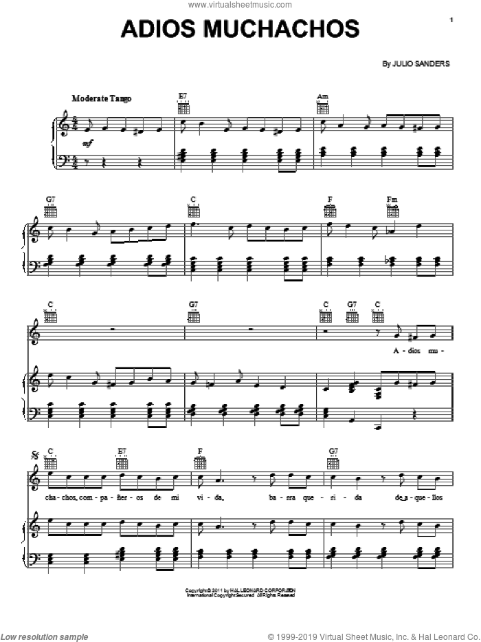 Adios Muchachos (Farewell Boys) sheet music for voice, piano or guitar by Julio Cesar Sanders, intermediate skill level