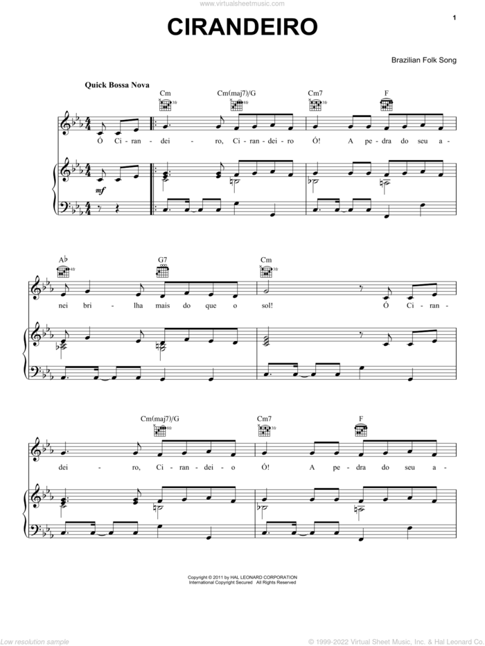 Cirandeiro sheet music for voice, piano or guitar by Brazilian Folk Song, intermediate skill level