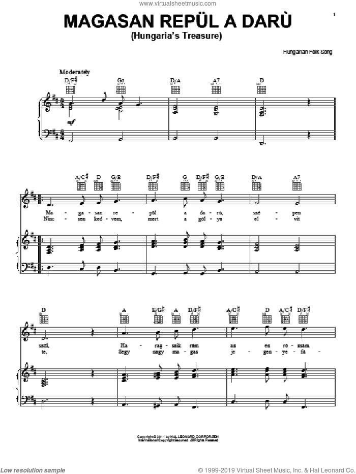 Magasan Repul A Daru (Hungaria's Treasure) sheet music for voice, piano or guitar by Hungarian Folksong, intermediate skill level
