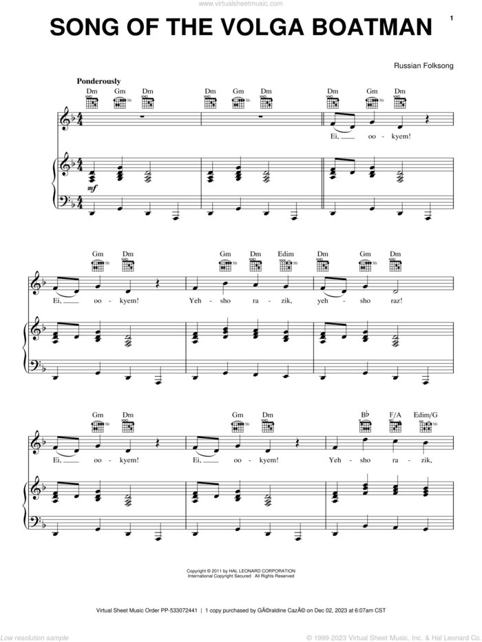 Song Of The Volga Boatman sheet music for voice, piano or guitar, intermediate skill level