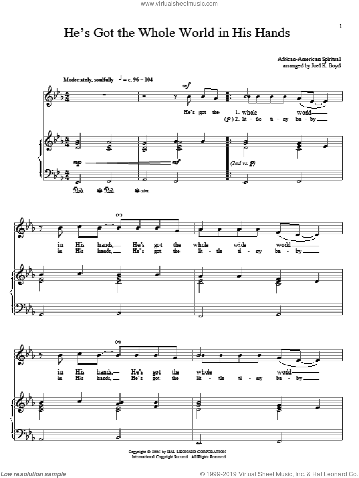 He's Got The Whole World In His Hands sheet music for voice and piano, intermediate skill level