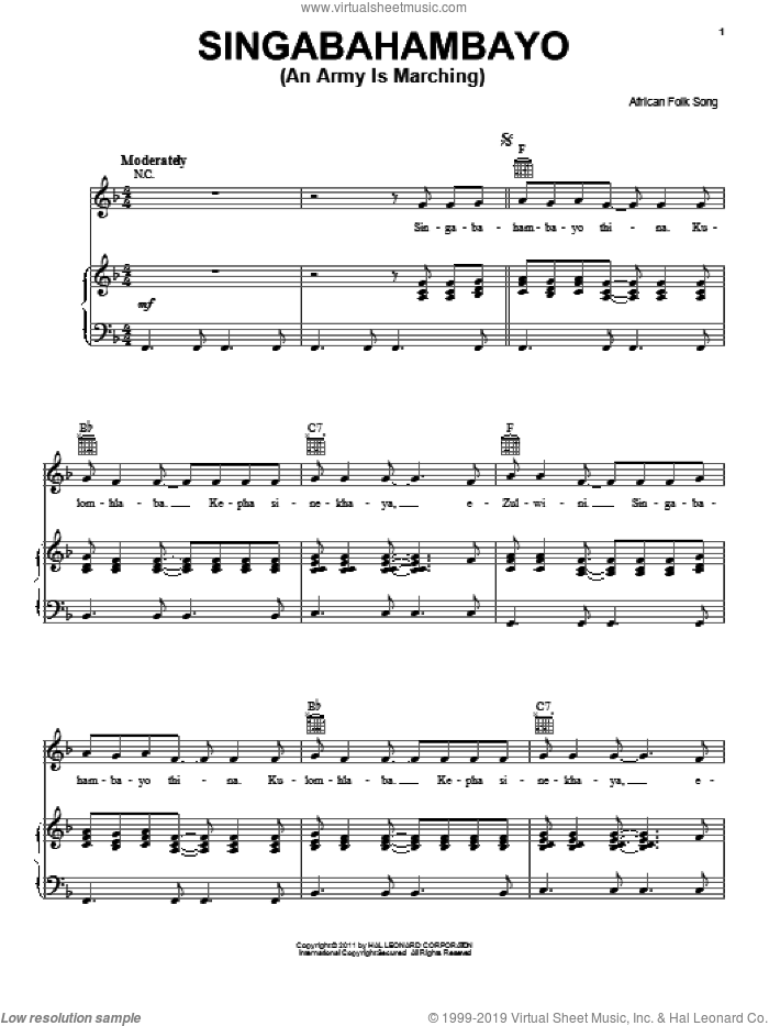Singabahambayo (An Army Is Marching) sheet music for voice, piano or guitar, intermediate skill level