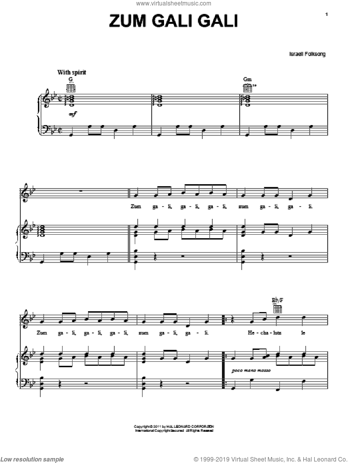 Zum Gali Gali sheet music for voice, piano or guitar by Israeli Folk Song, intermediate skill level