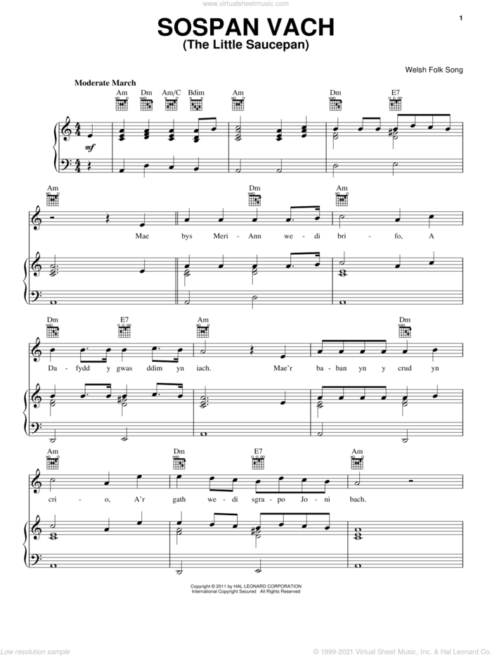 Sospan Vach (The Little Saucepan) sheet music for voice, piano or guitar, intermediate skill level