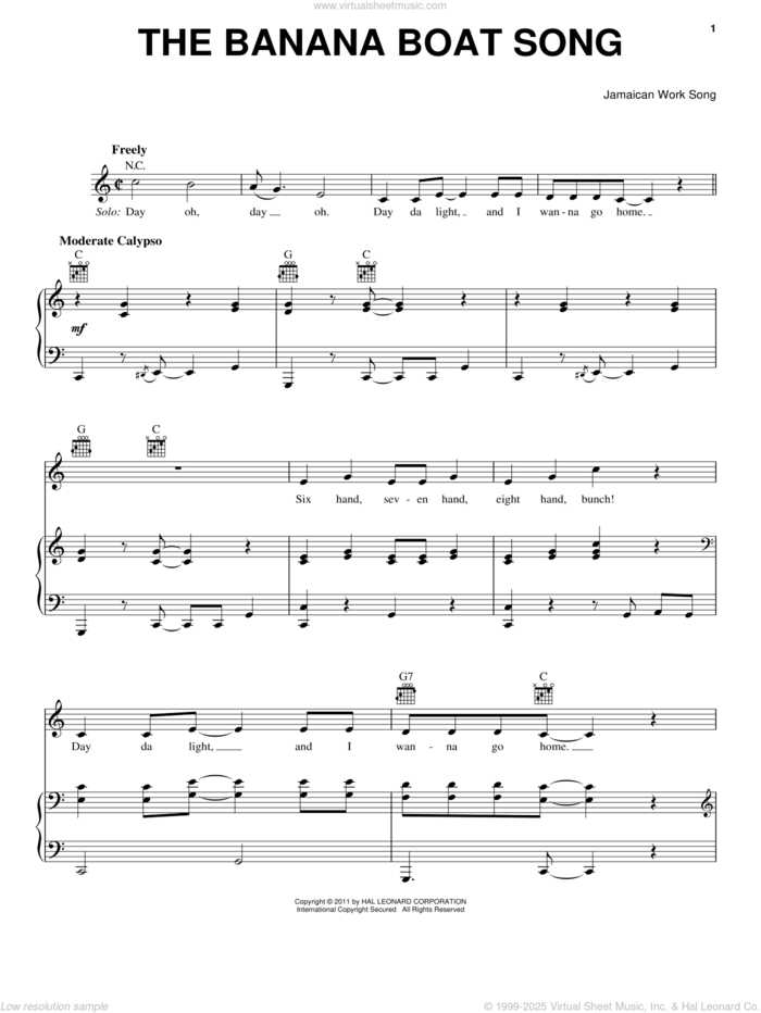 The Banana Boat Song (Day-O) sheet music for voice, piano or guitar, intermediate skill level