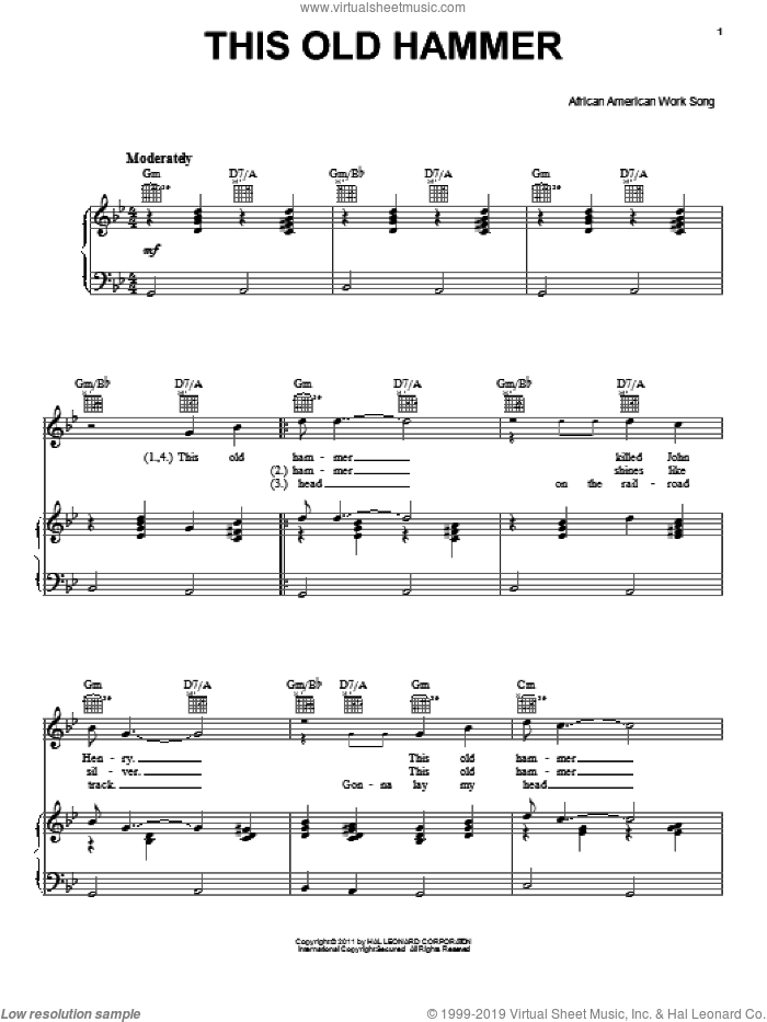 This Old Hammer sheet music for voice, piano or guitar by African American Work Song, intermediate skill level