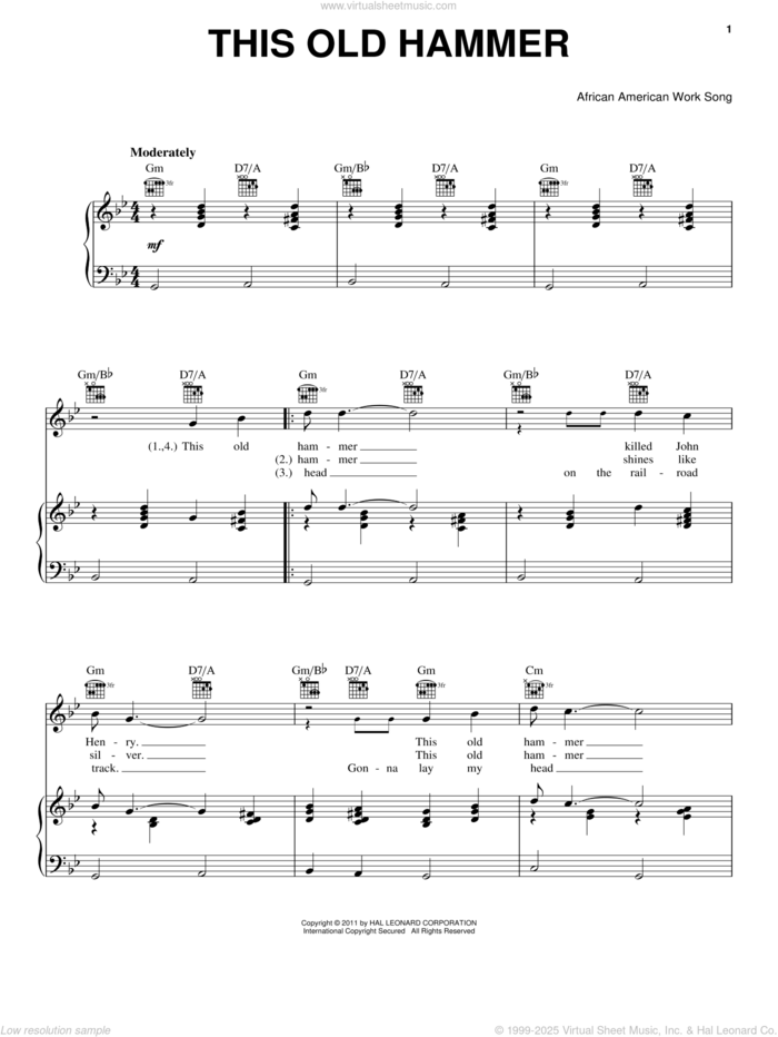 This Old Hammer sheet music for voice, piano or guitar by African American Work Song, intermediate skill level