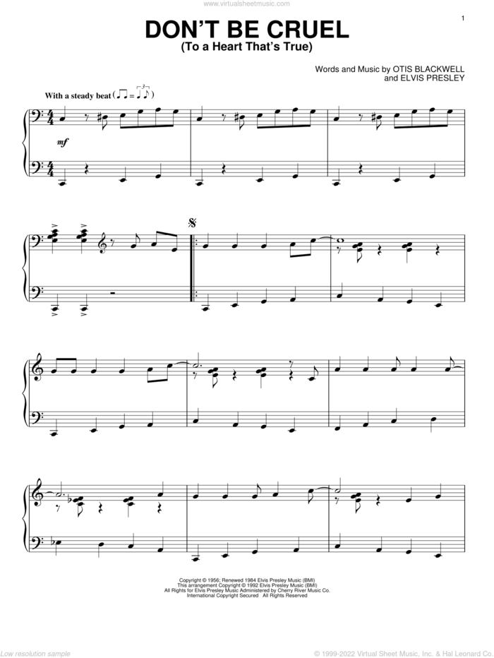 Don't Be Cruel (To A Heart That's True) sheet music for piano solo by Elvis Presley and Otis Blackwell, intermediate skill level