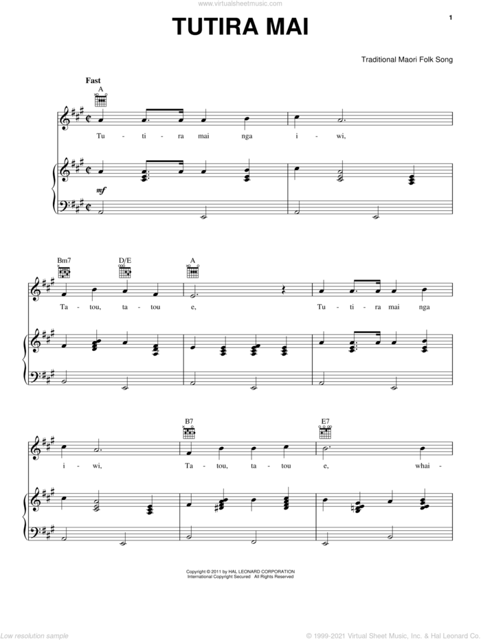 Tutira Mai sheet music for voice, piano or guitar by Traditional Maori Folk Song, intermediate skill level