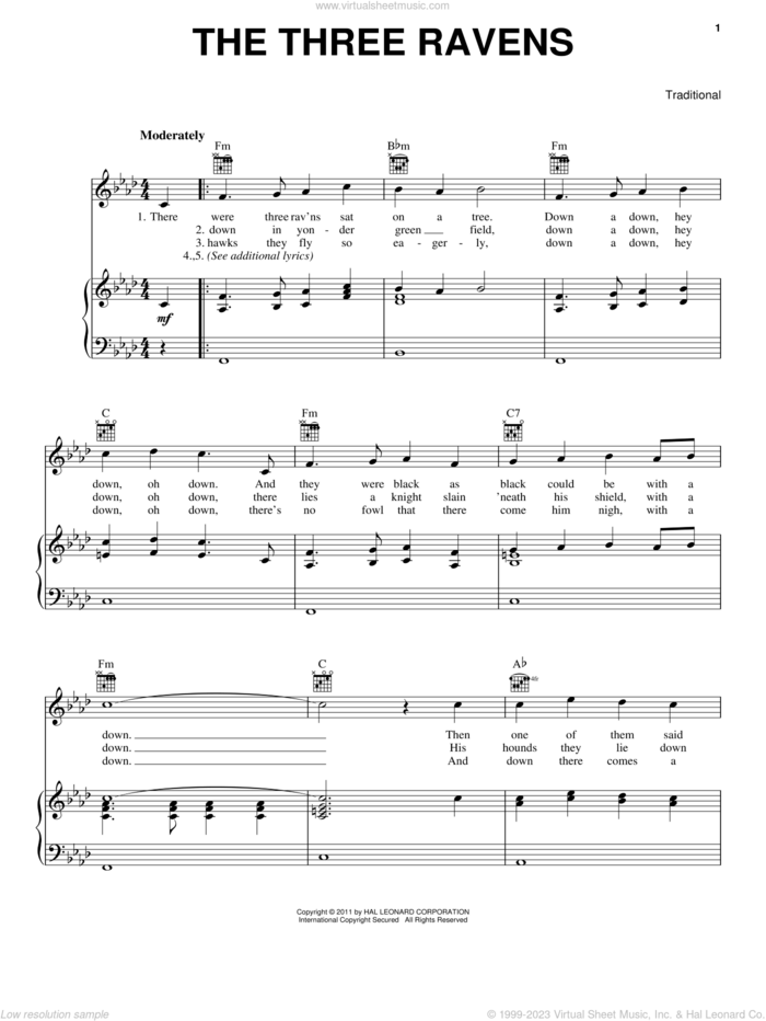 The Three Ravens sheet music for voice, piano or guitar, intermediate skill level