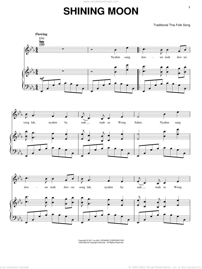 Shining Moon sheet music for voice, piano or guitar by Traditional Thai Folk Song, intermediate skill level