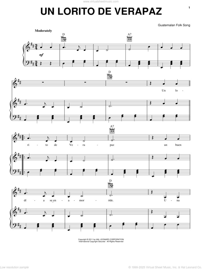 Un Lorito De Verapaz sheet music for voice, piano or guitar by Guatemalan Folk Song, intermediate skill level