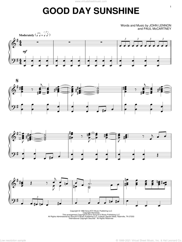 Good Day Sunshine sheet music for piano solo by The Beatles, John Lennon and Paul McCartney, intermediate skill level
