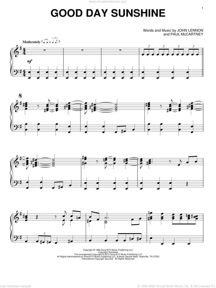 Good Day Sunshine, (intermediate) sheet music for piano solo by The Beatles, John Lennon and Paul McCartney, intermediate skill level