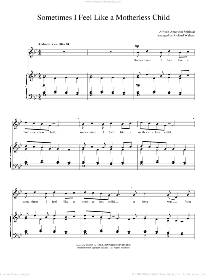 Sometimes I Feel Like A Motherless Child sheet music for voice and piano, intermediate skill level