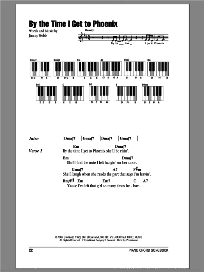 By The Time I Get To Phoenix sheet music for piano solo (chords, lyrics, melody) by Glen Campbell and Jimmy Webb, intermediate piano (chords, lyrics, melody)