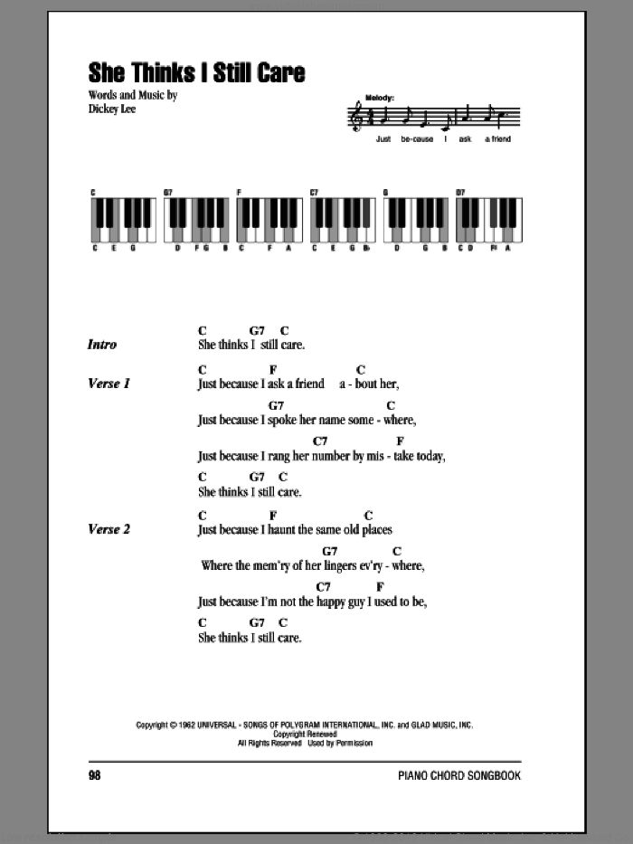 She Thinks I Still Care sheet music for piano solo (chords, lyrics, melody) by George Jones and Dickey Lee, intermediate piano (chords, lyrics, melody)