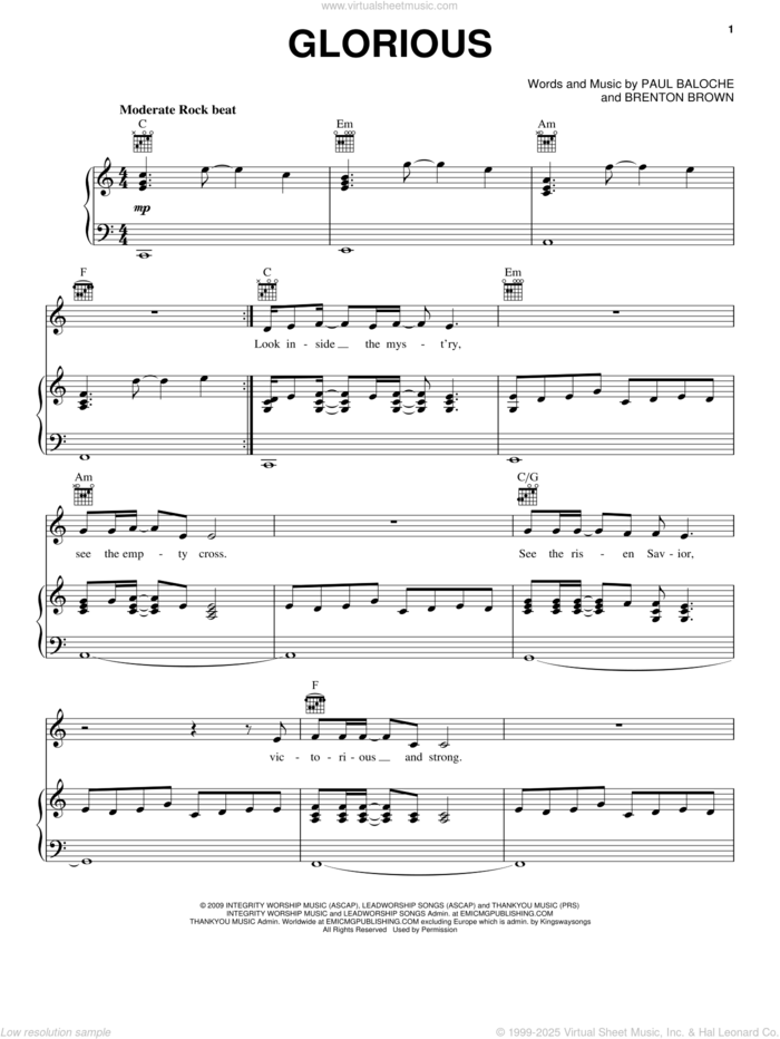 Glorious sheet music for voice, piano or guitar by Paul Baloche and Brenton Brown, intermediate skill level