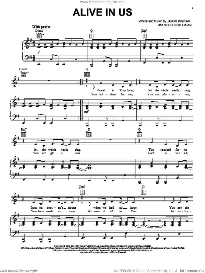 Alive In Us sheet music for voice, piano or guitar by Hillsong United, Jason Ingram and Reuben Morgan, intermediate skill level