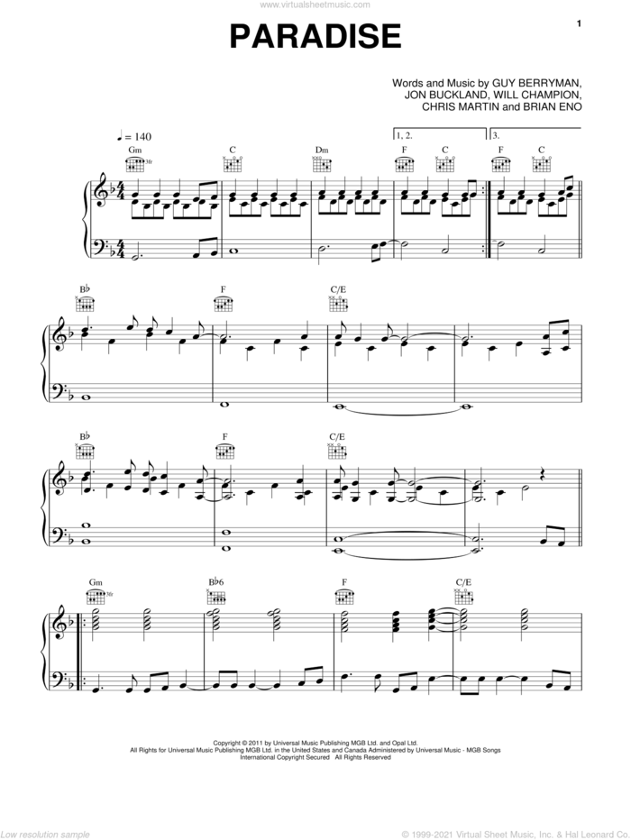 Paradise sheet music for voice, piano or guitar by Coldplay, Brian Eno, Chris Martin, Guy Berryman, Jon Buckland and Will Champion, intermediate skill level