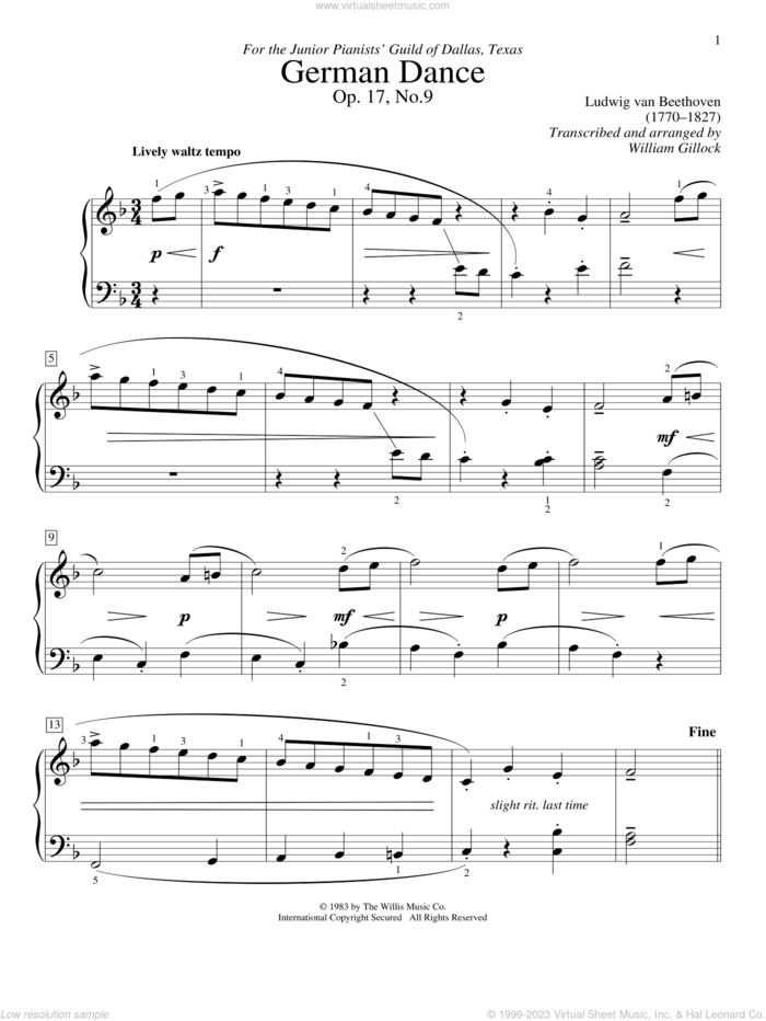 German Dance sheet music for piano solo (elementary) by Ludwig van Beethoven and William Gillock, classical score, beginner piano (elementary)