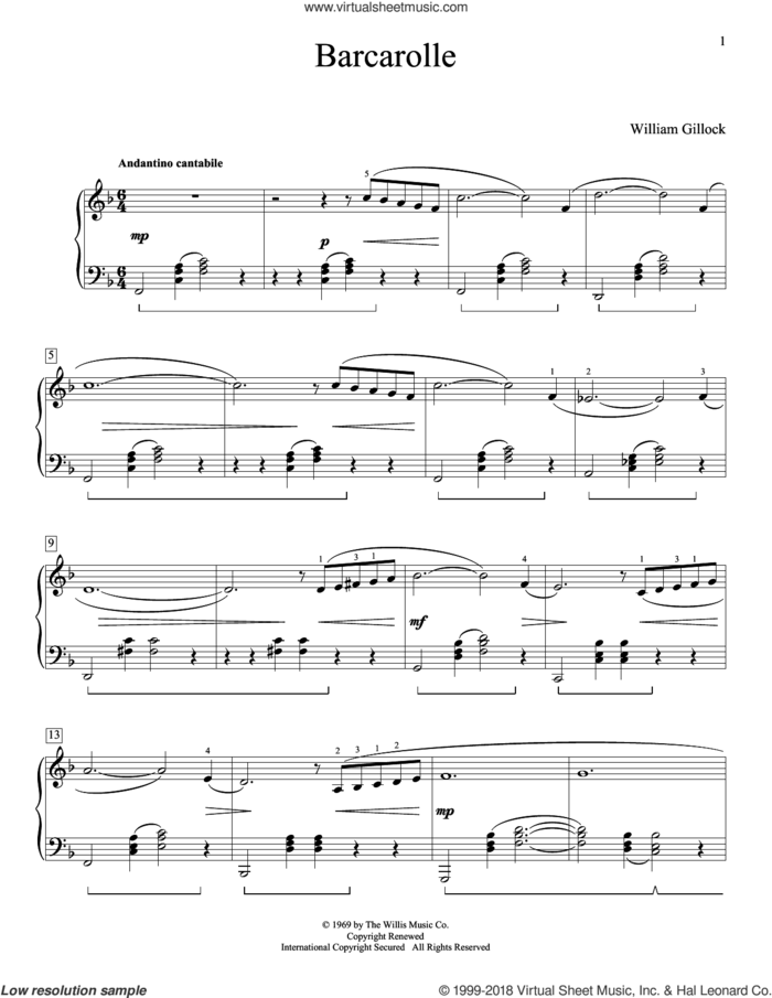 Barcarolle sheet music for piano solo (elementary) by William Gillock, classical score, beginner piano (elementary)