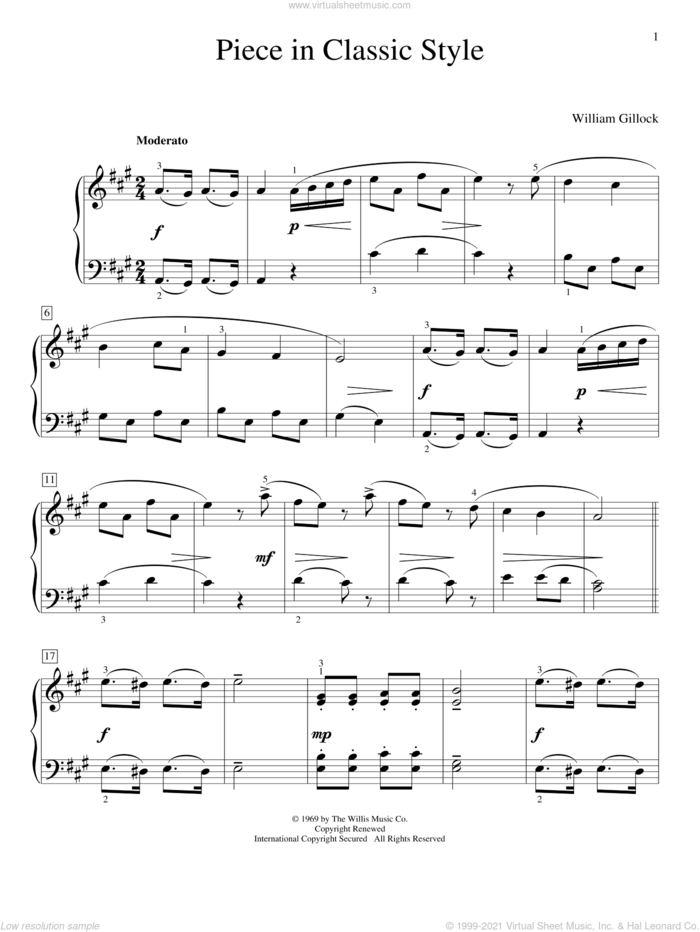 Piece In Classic Style sheet music for piano solo (elementary) by William Gillock, classical score, beginner piano (elementary)